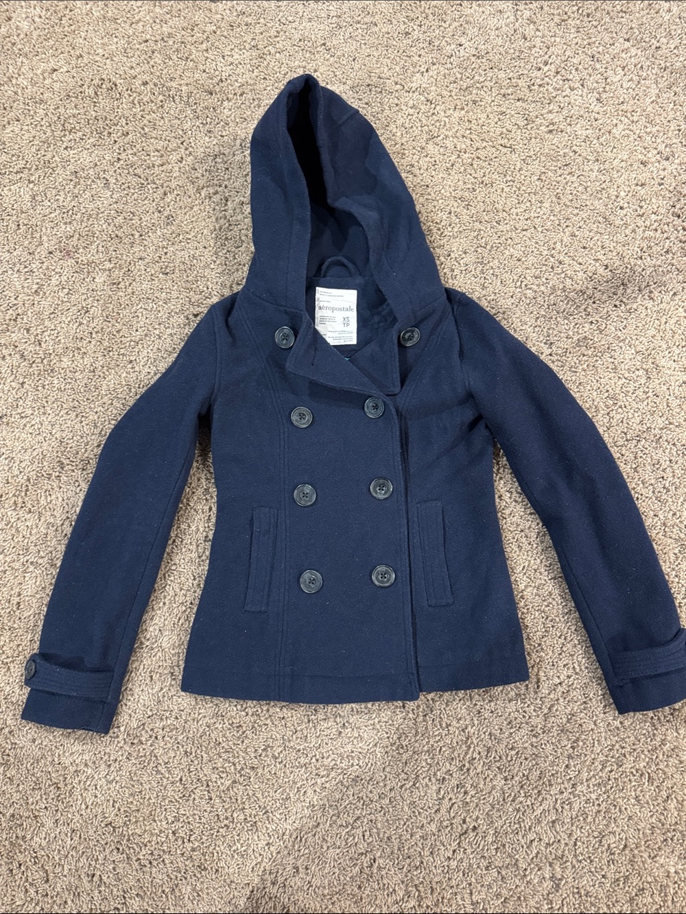 Aeropostale Hooded Double-Breasted Peacoat in Navy size xs